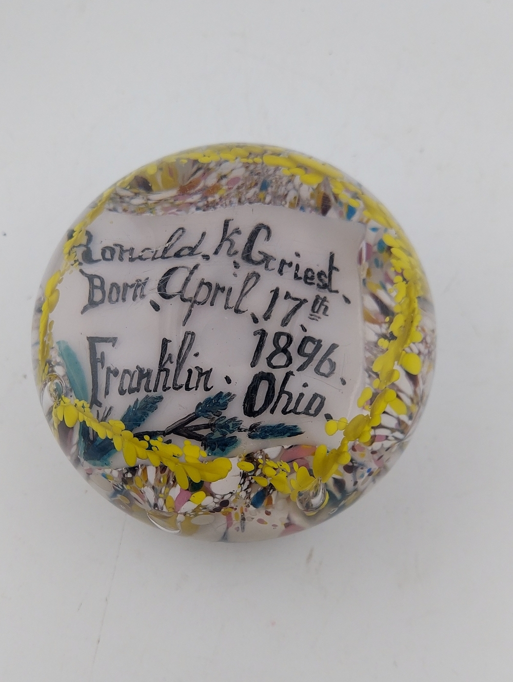 Vintage Yellow-Accented Glass Memorial Paperweight